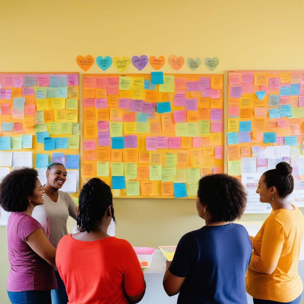 A diverse group of people in a bright, welcoming community center, engaging in conversations and sharing resources. Include a bulletin board filled with community resource flyers, a supportive atmosphere, and individuals of various ages and backgrounds discussing health and wellness. Show elements symbolizing collaboration, such as hands coming together or a large heart shape made of colorful post-it notes. vibrant colors. painting.