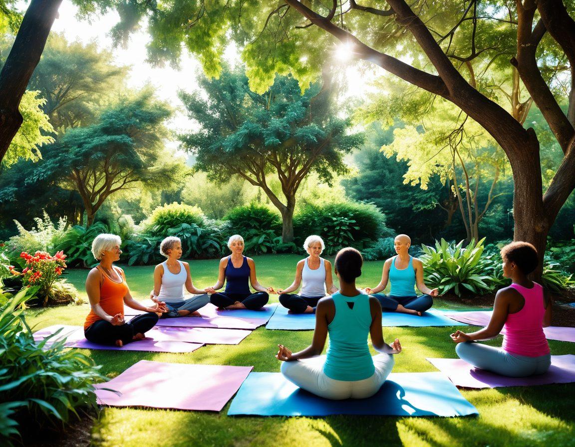A serene and uplifting scene featuring a diverse group of cancer survivors engaging in wellness activities, such as yoga and meditation, surrounded by vibrant greenery. Include a balanced table with colorful fruits and nutritious meals symbolizing healthy eating. Soft sunlight filters through trees, casting gentle shadows. The atmosphere conveys hope, resilience, and empowerment. super-realistic. vibrant colors. peaceful background.